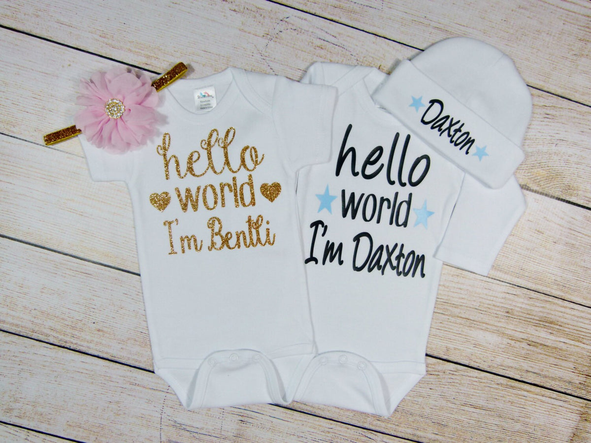 Hello World Newborn Outfit: Personalized Baby Boy Coming Home Set