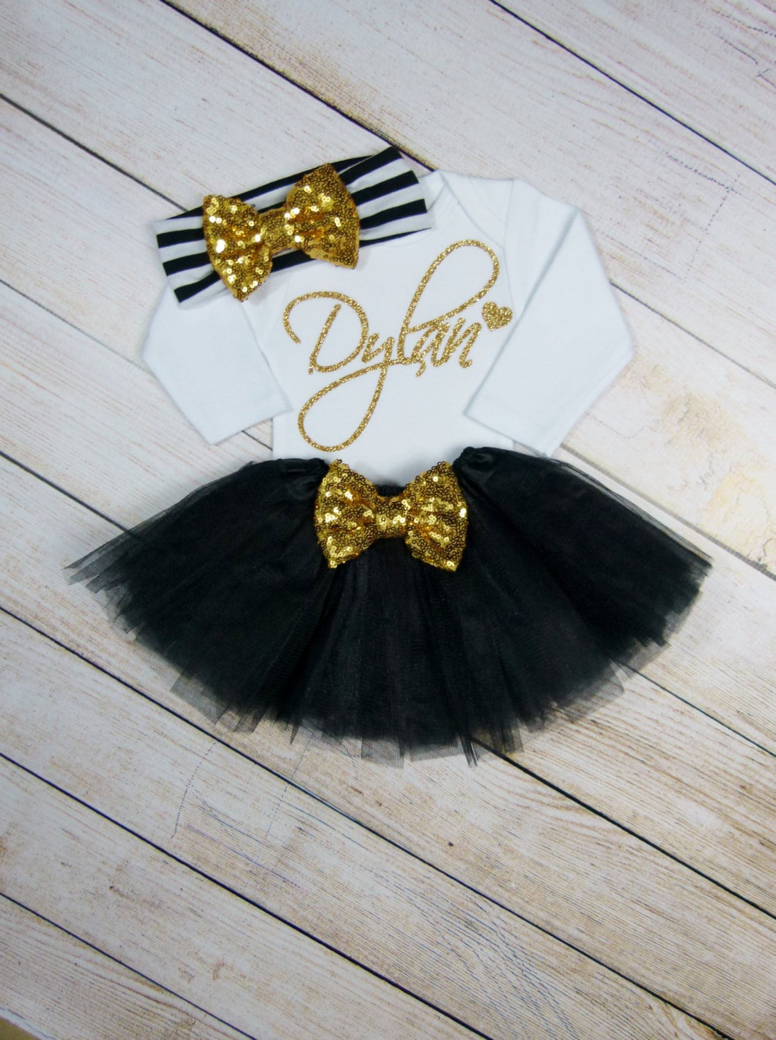 Newborn Black Tutu: Gold Sequin Bow, Baby Girl Headband