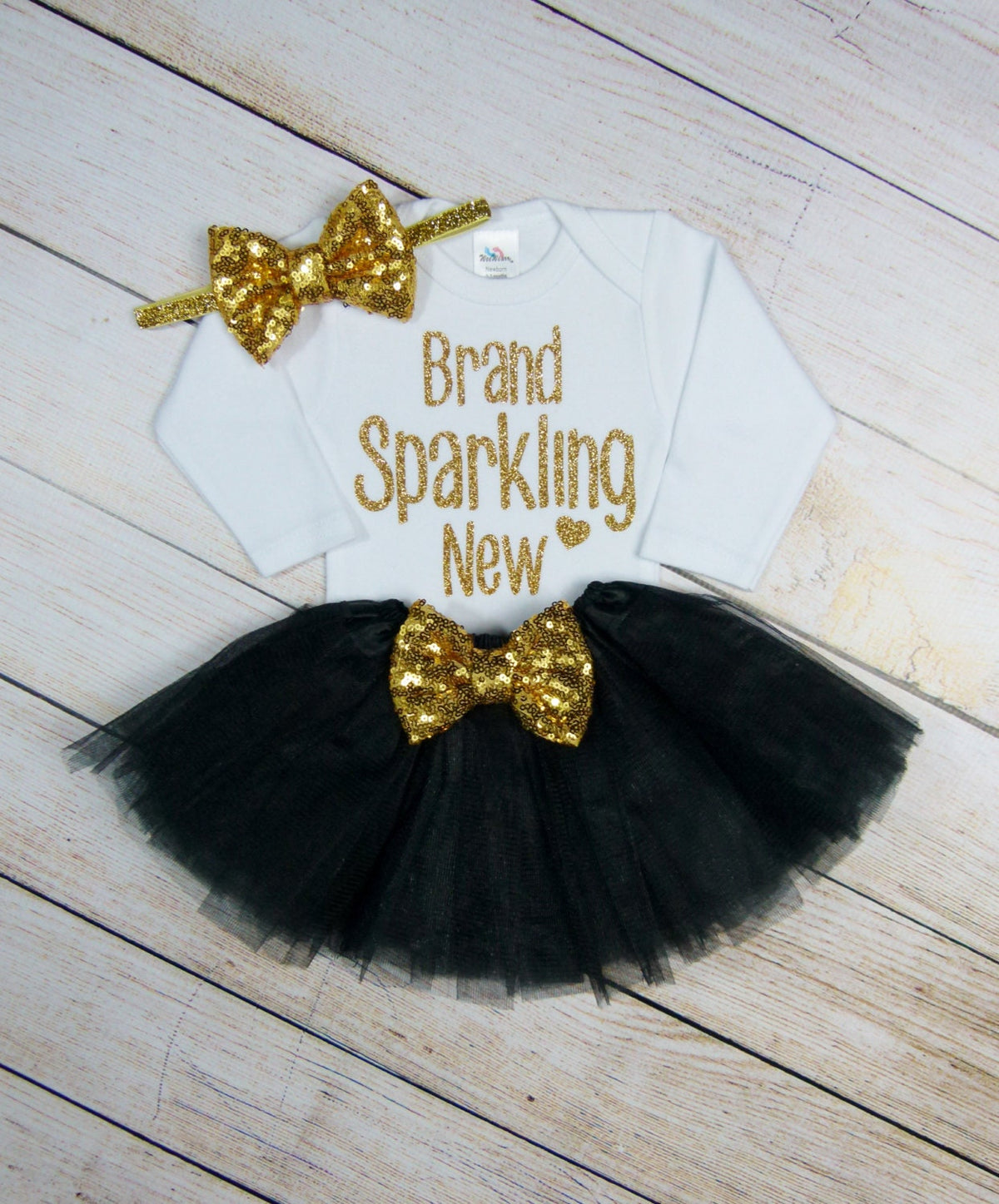 Newborn Black Tutu: Gold Sequin Bow, Baby Girl Headband