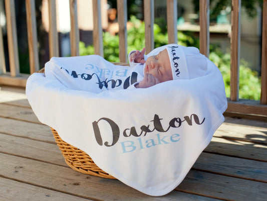 Personalized Newborn Baby Boy Outfit: Gown, Hat & Blanket Set