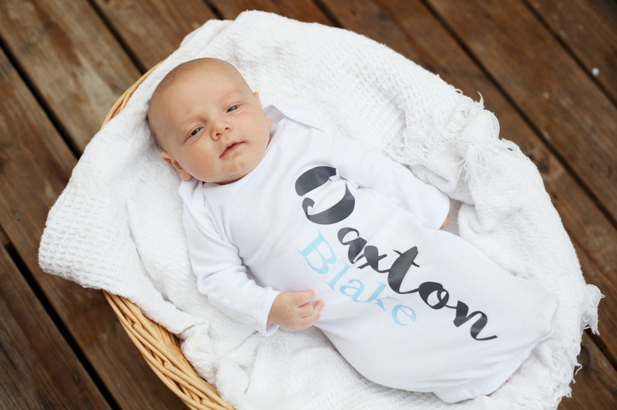 Personalized Newborn Baby Boy Outfit: Gown, Hat & Blanket Set