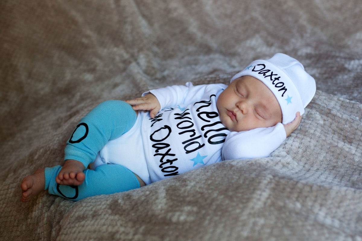 Hello World Newborn Outfit: Personalized Baby Boy Coming Home Set