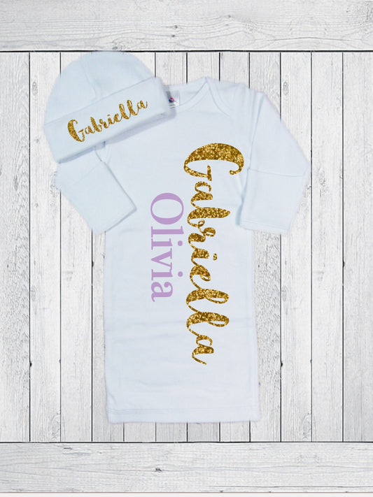 Personalized Newborn Baby Girl Clothes Lavender Gold Glittter Gown Beanie Hat Newborn Girl Coming Home Outfit Gift Hospital Take Home Set