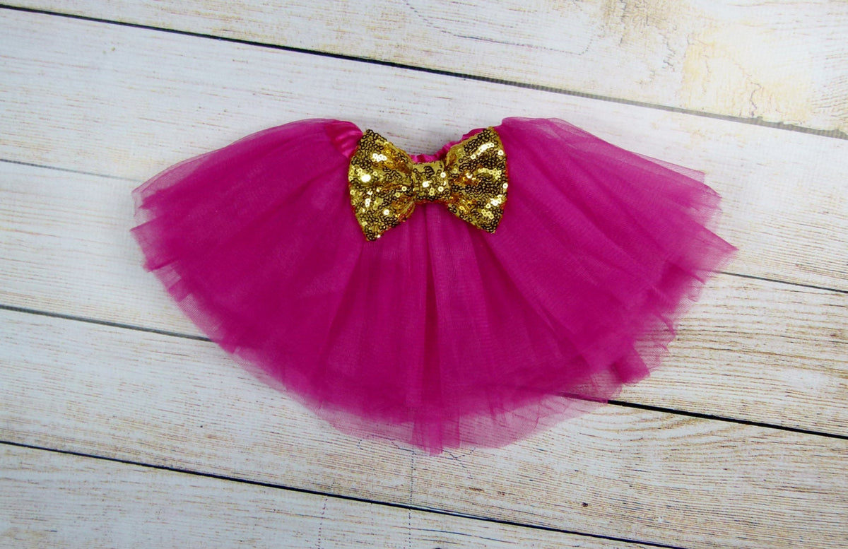 Newborn Hot Pink Tutu: Gold Sequin Bow, Baby Girl Outfit