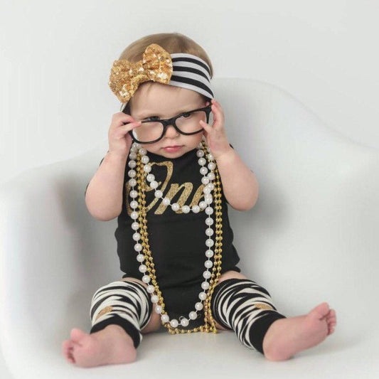 First Birthday Girl Outfit: Black & Gold Sparkle Set