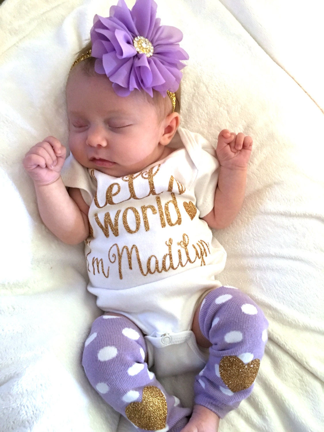 Newborn Girl Outfit: Personalized Hello World Bodysuit, Lavender Leg Warmers, Gold Glitter Headband