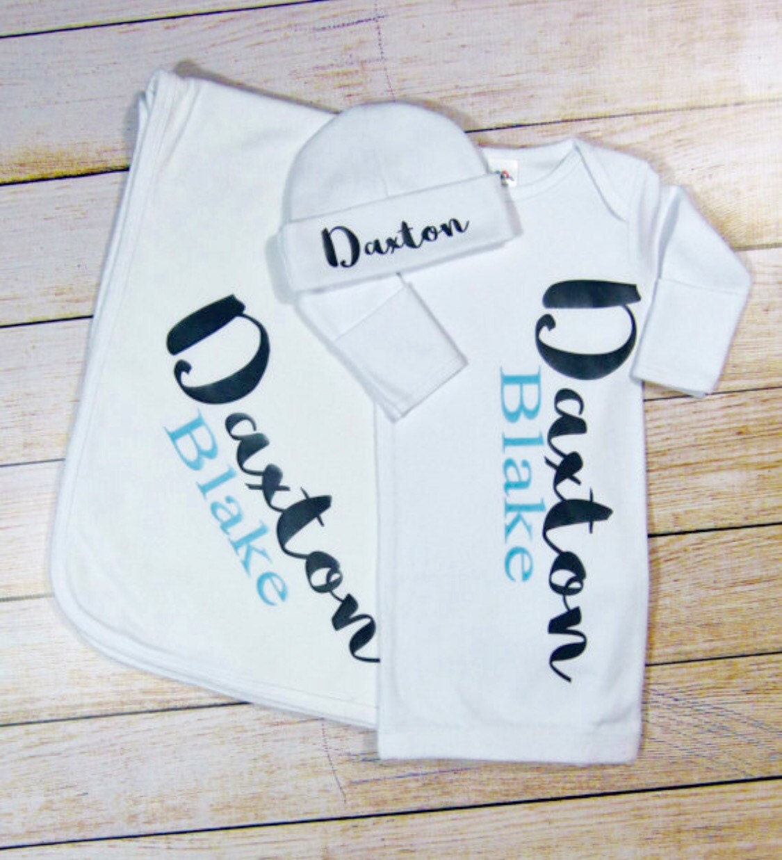Personalized Newborn Baby Boy Outfit: Gown, Hat & Blanket Set
