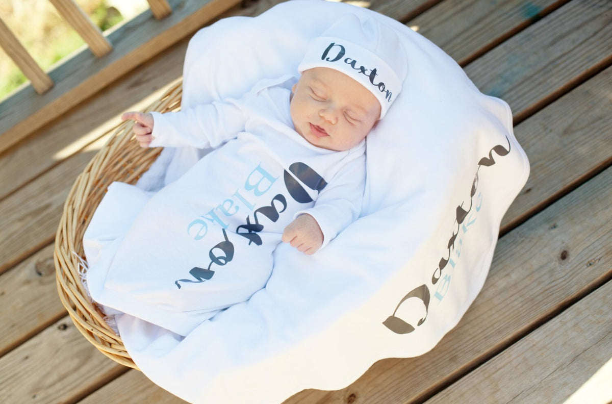 Personalized Newborn Baby Boy Outfit: Gown, Hat & Blanket Set