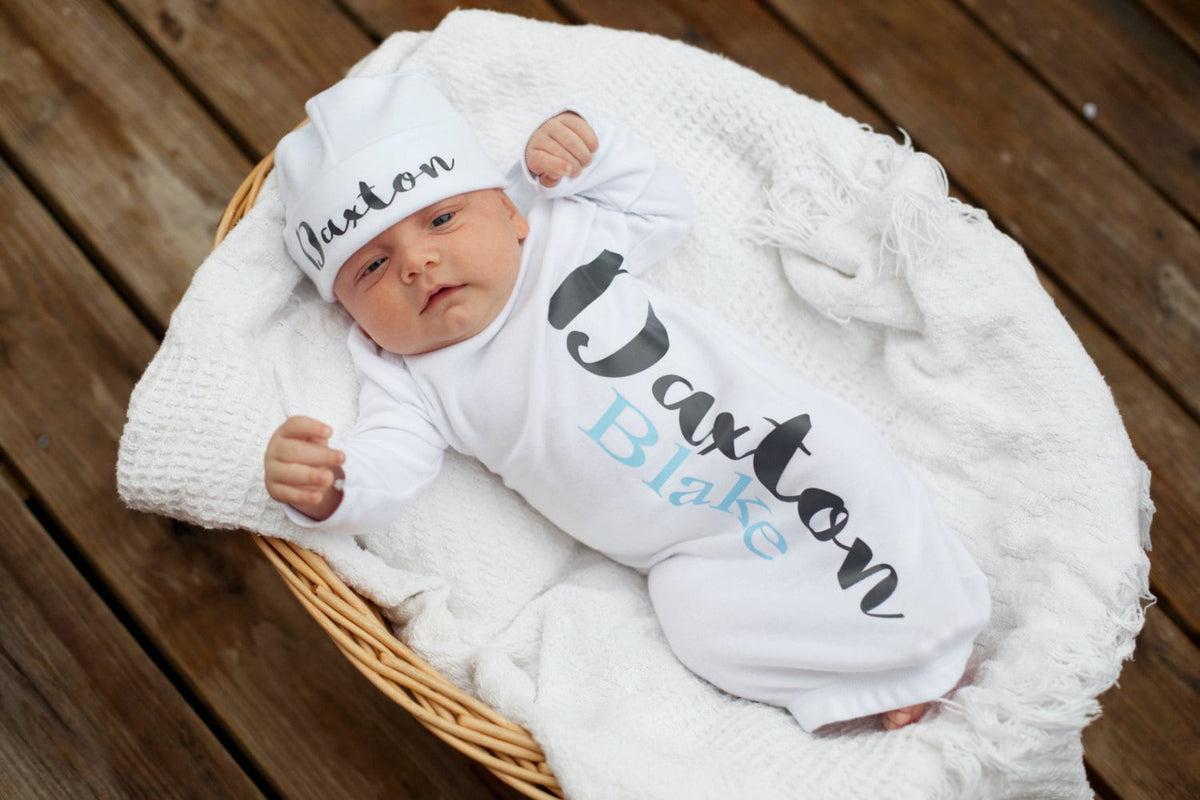 Personalized Baby Boy Coming Home Outfit: Cotton Newborn Gown & Hat
