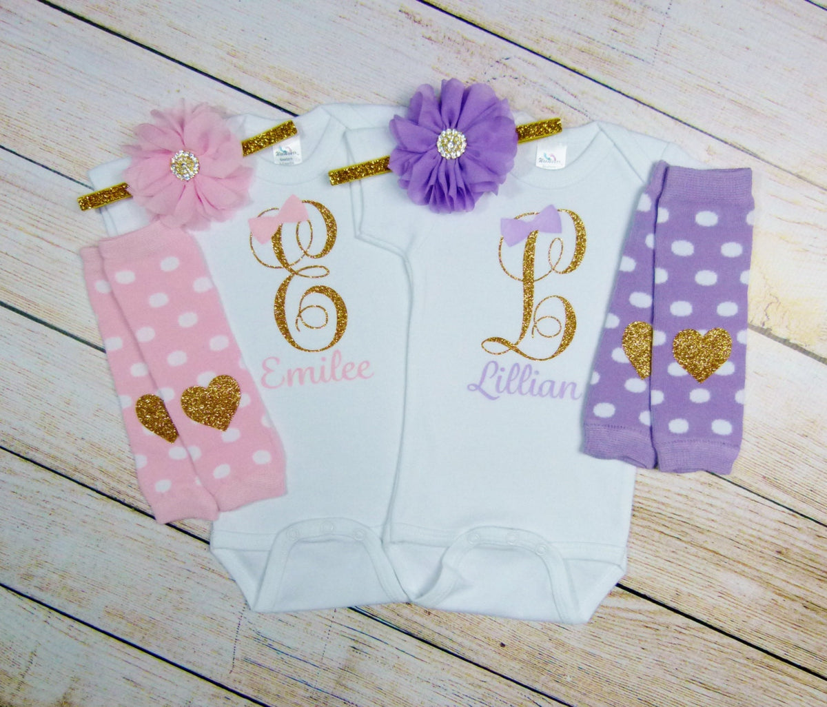 Personalized Twin Girl Coming Home Outfit: Bodysuit, Headband & Leg Warmers