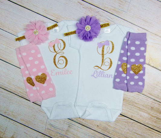 Personalized Twin Girl Coming Home Outfit: Bodysuit, Headband & Leg Warmers