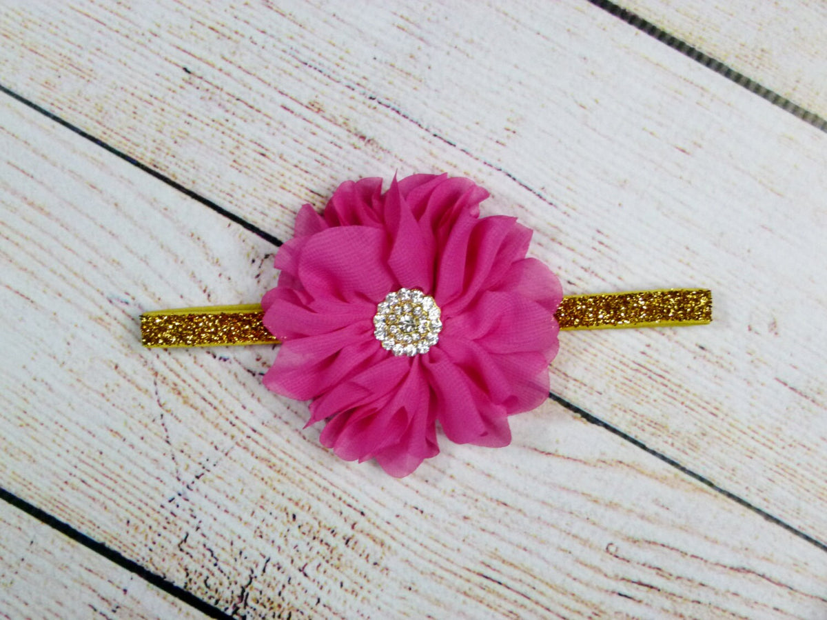 Baby Girl Headband Hot Pink Gold Glitter Headband Hair Bow Newborn Baby Girl Accessory Hot Pink Flower and Rhinestone Baby Photo Prop