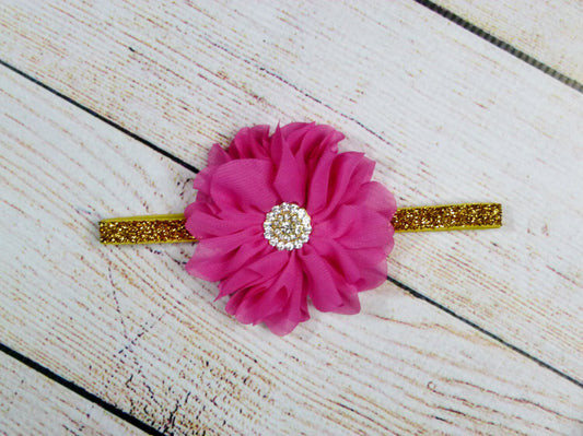 Baby Girl Headband Hot Pink Gold Glitter Headband Hair Bow Newborn Baby Girl Accessory Hot Pink Flower and Rhinestone Baby Photo Prop