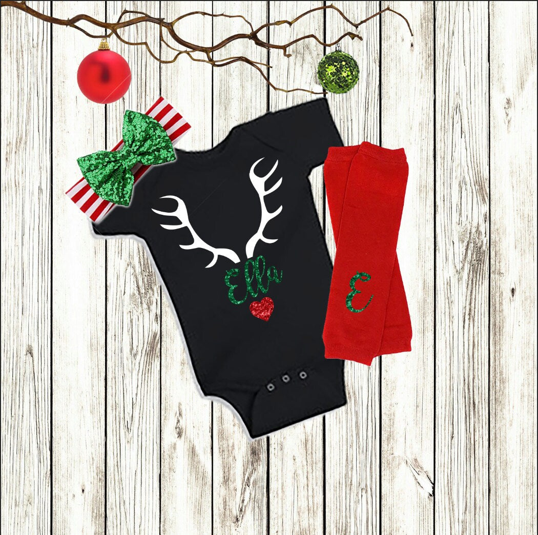Personalized Christmas Baby Girl Outfit: Reindeer Bodysuit & Leg Warmers