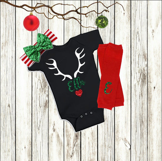 Personalized Christmas Baby Girl Outfit: Reindeer Bodysuit & Leg Warmers