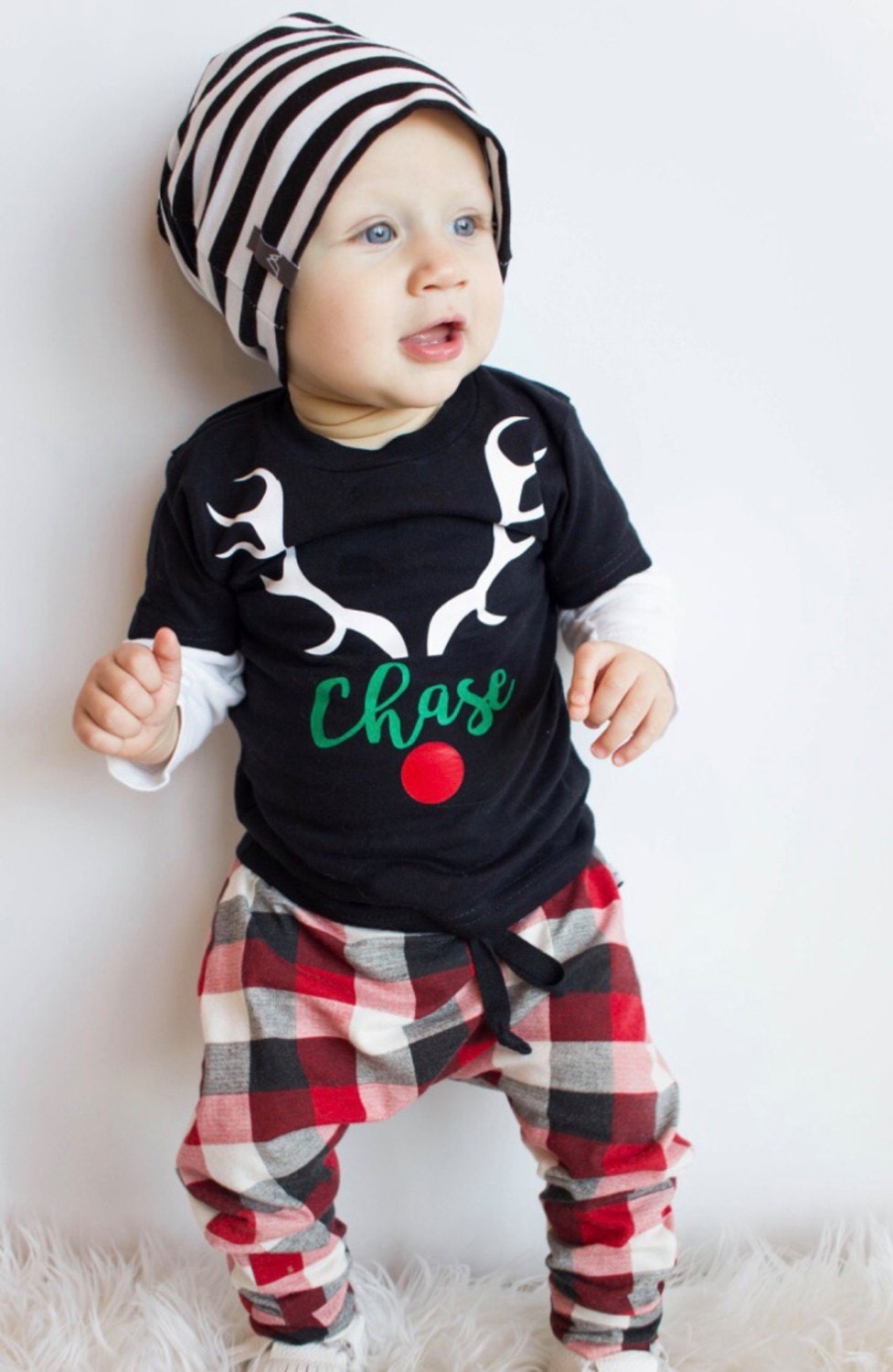 Personalized Christmas Reindeer Baby Outfit: Boy Bodysuit & Hat Set