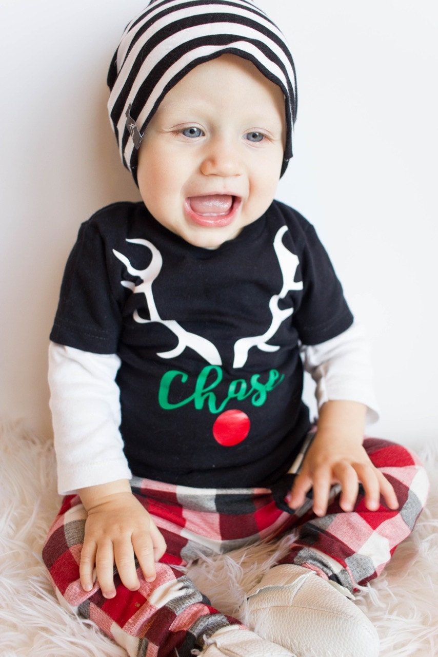 Personalized Christmas Reindeer Baby Outfit: Boy Bodysuit & Hat Set