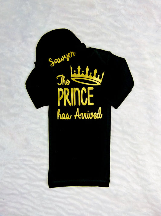 Prince Arrived Newborn Outfit: Personalized Baby Boy Bodysuit & Hat
