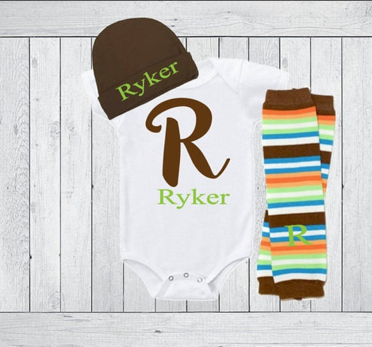 Baby Boy Clothes Toddler Boy Gift Outfit Clothing Personalized Bodysuit, Tee or Gown Leg Warmers Hat Option Green Brown Baby Boy Take Home
