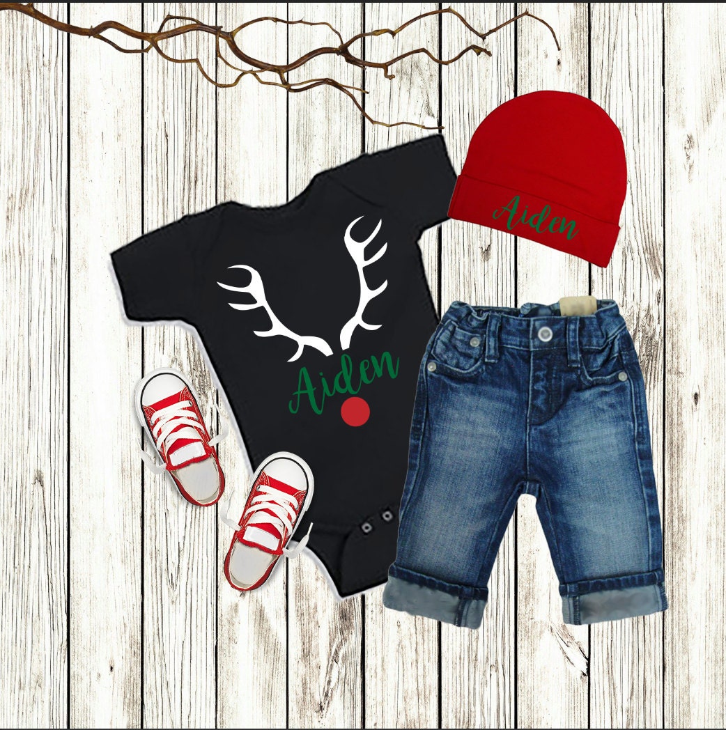 Personalized Christmas Reindeer Baby Outfit: Boy Bodysuit & Hat Set