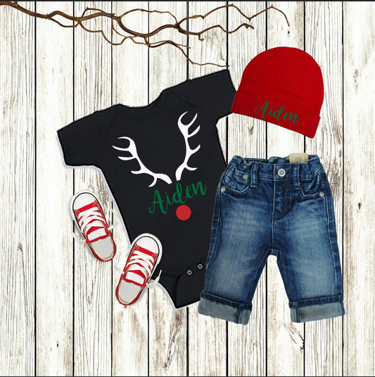 Personalized Christmas Reindeer Baby Outfit: Boy Bodysuit & Hat Set