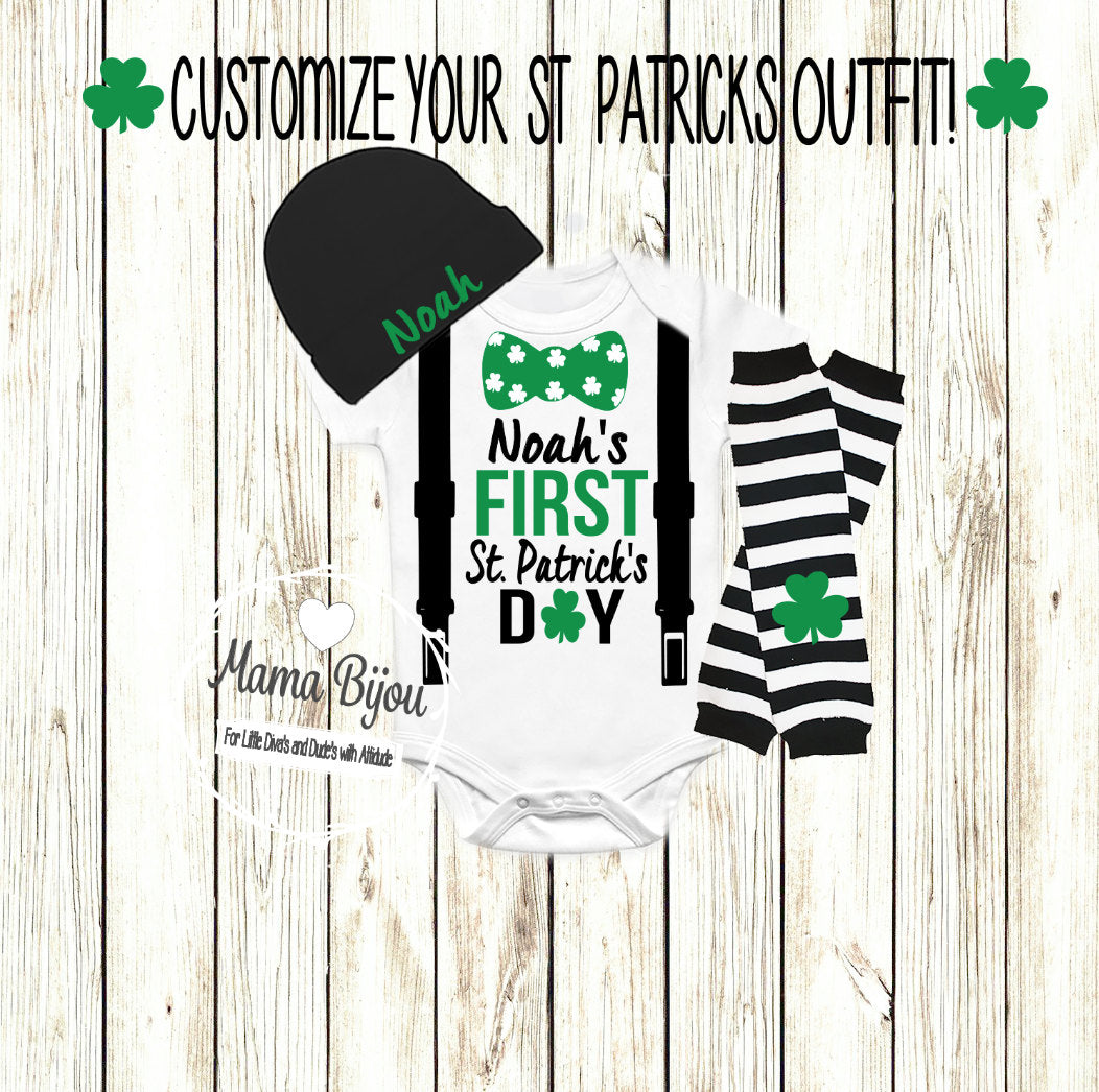 Baby's 1st St Patricks Day Outfit: Personalized Bodysuit, Bow Tie & Suspenders
