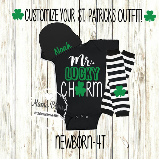 St Patricks Day Baby Outfit: Personalized Lucky Charm Bodysuit, Hat & Leg Warmers