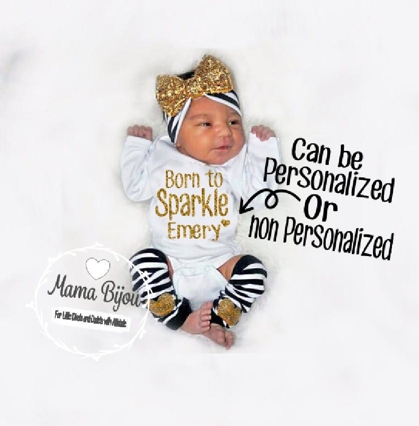 Personalized Newborn Girl Outfit: Gold Glitter Bodysuit, Leg Warmers & Headband