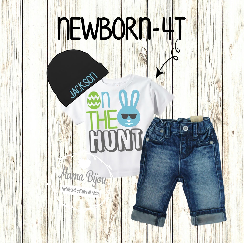 Baby Boy Easter Outfit: "On The Hunt" Shirt & Personalized Hat
