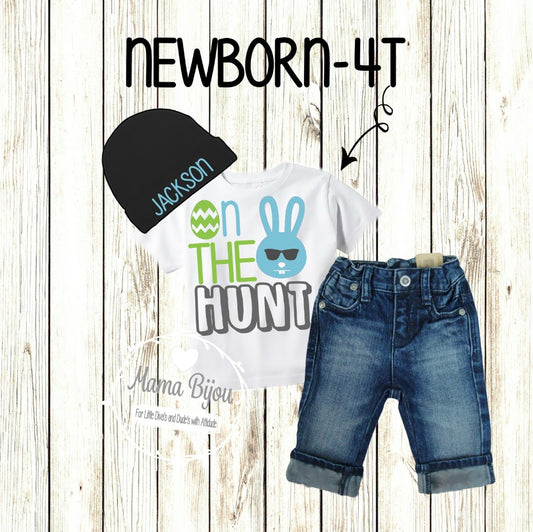 Baby Boy Easter Outfit: "On The Hunt" Shirt & Personalized Hat