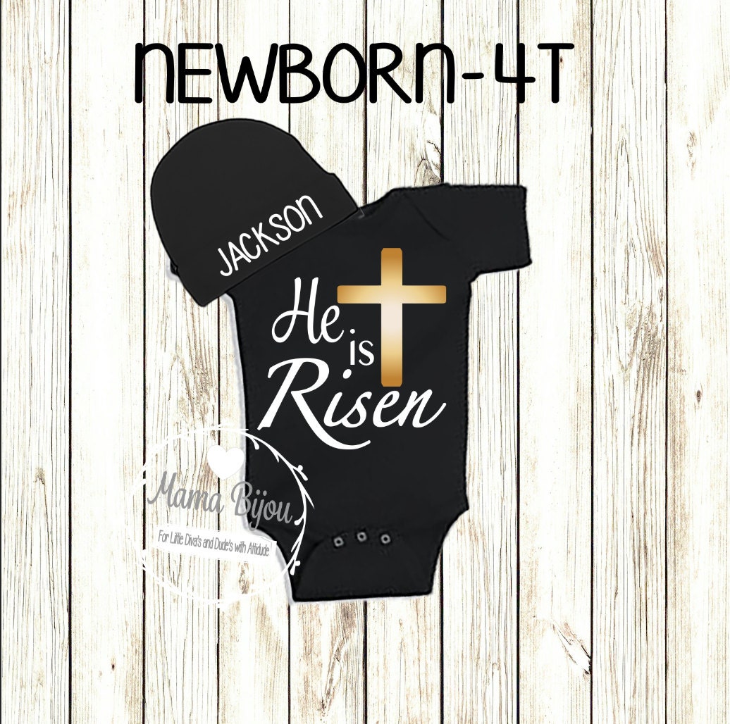 He is Risen Baby Boy Easter Outfit: Personalized Bodysuit & Hat