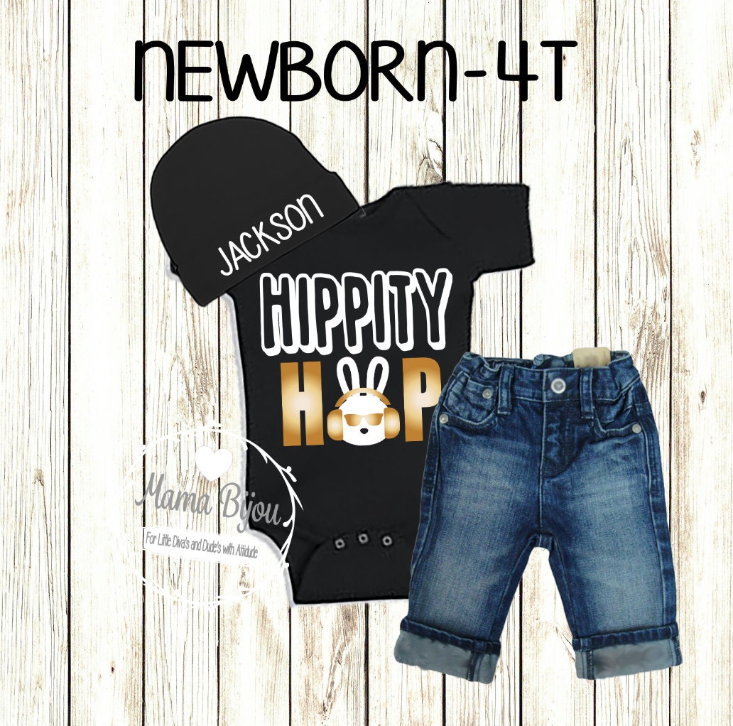 Personalized Boy Easter Outfit: "Hippity Hop" Bodysuit & Hat