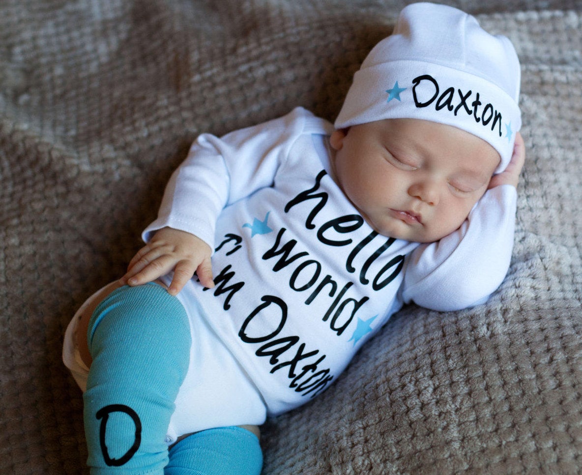 Hello World Newborn Outfit: Personalized Baby Boy Coming Home Set