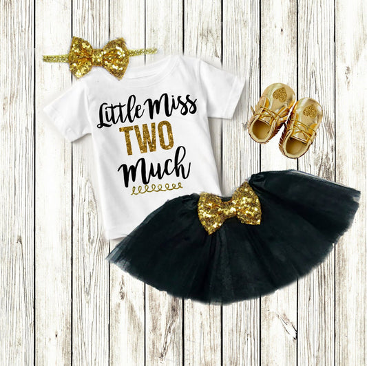 2nd Birthday Outfit Girl: "Little Miss Two Much" Gold & Black Set