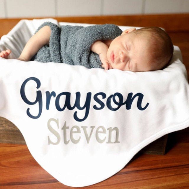 Personalized Newborn Baby Boy Blanket: Navy Blue & Gray Swaddle