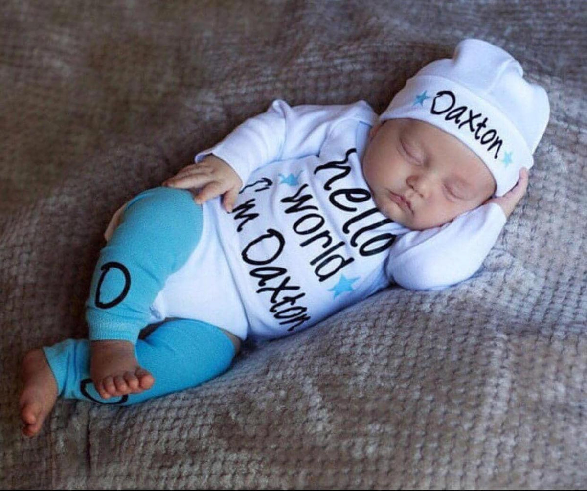 Personalized Newborn Boy Outfit: Hello World Coming Home Set