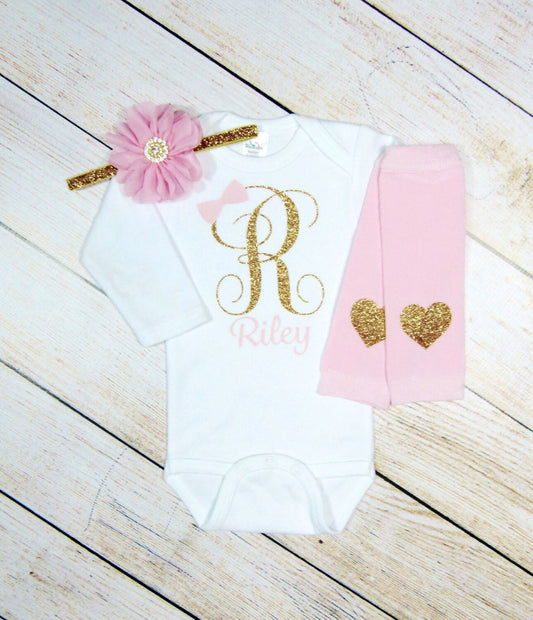 Personalized Baby Girl Outfit: Glitter Monogram Bodysuit, Newborn Clothes