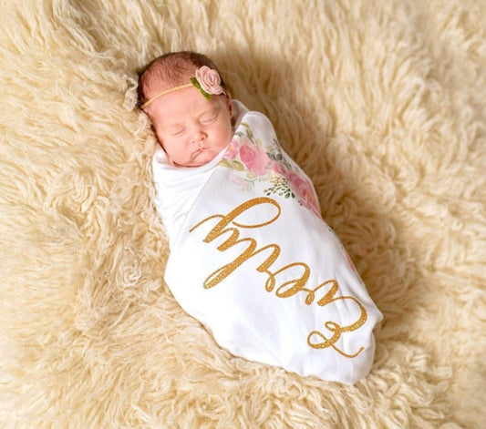 Newborn Girl Swaddle Blanket Headband Personalized Baby Blanket Receiving Blanket Floral Swaddling Blanket Boho Baby Shower Gift Girl Set