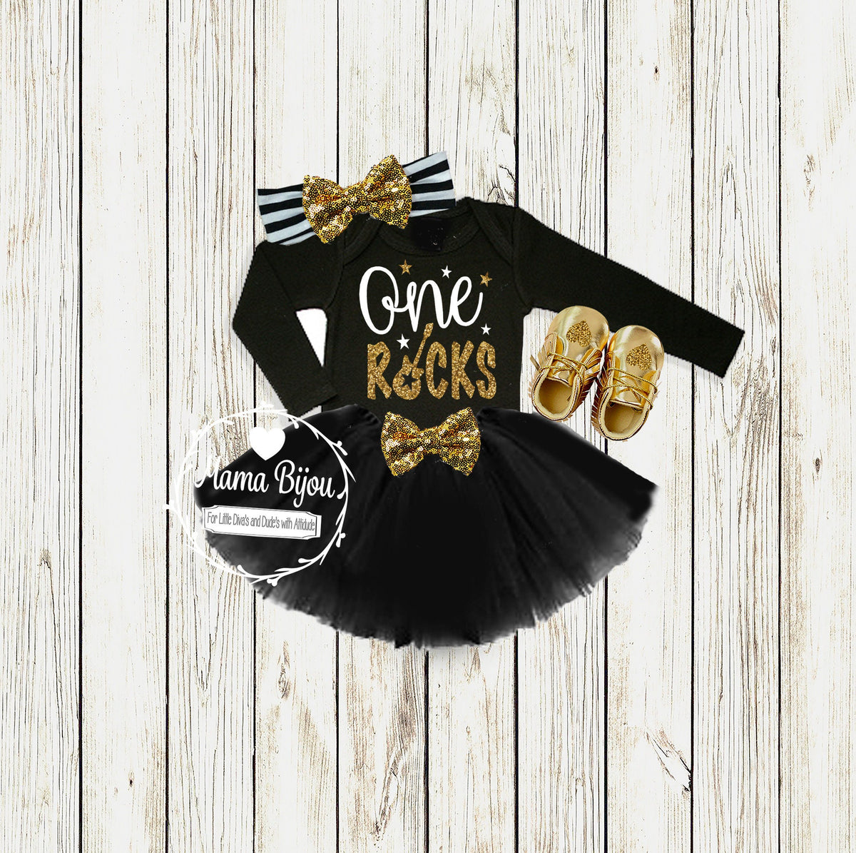 First Birthday Outfit Girl: One Rocks Bodysuit, Tutu & Headband