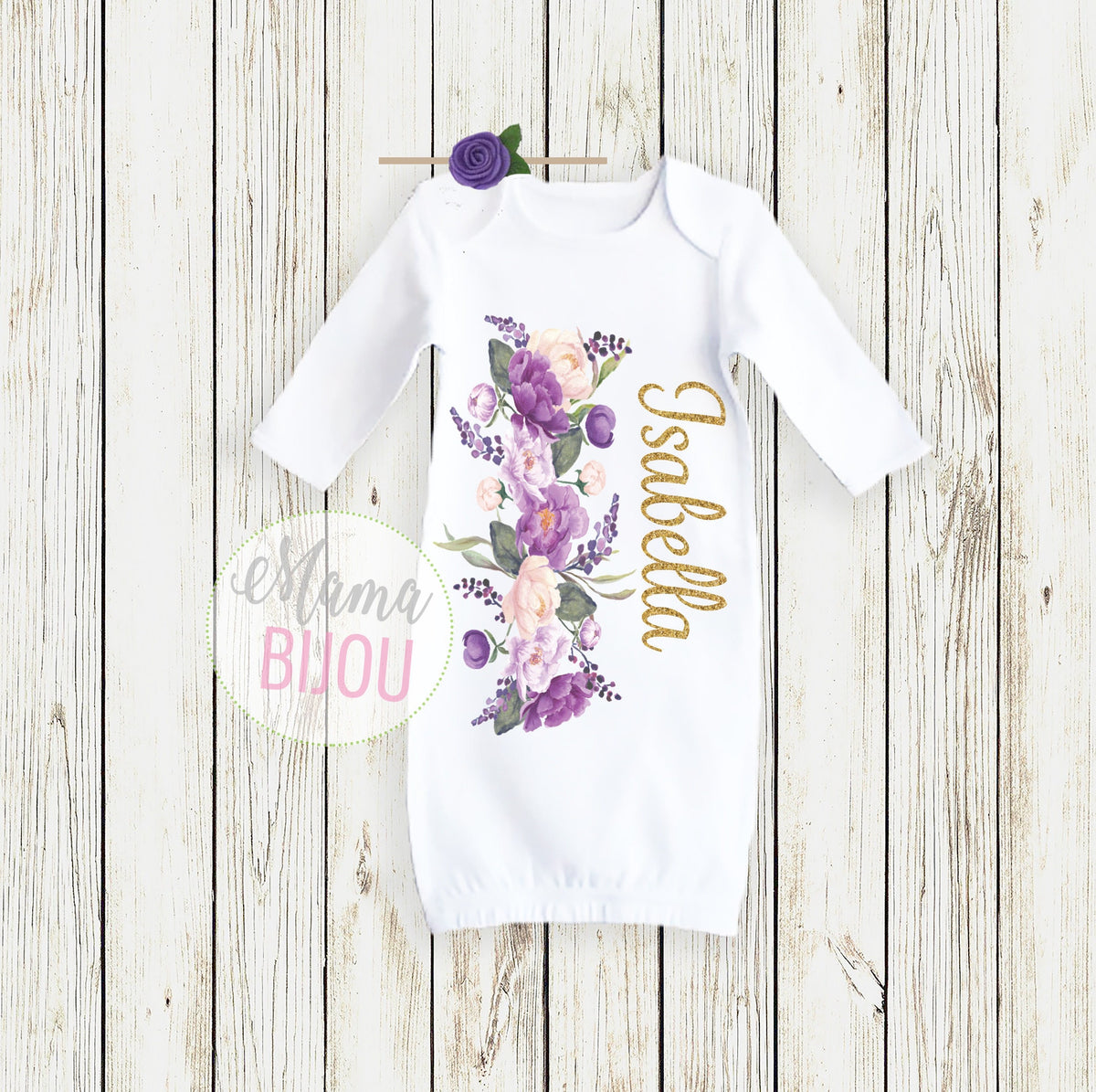 Personalized Baby Girl Gown: Lavender Floral Newborn Outfit & Headband