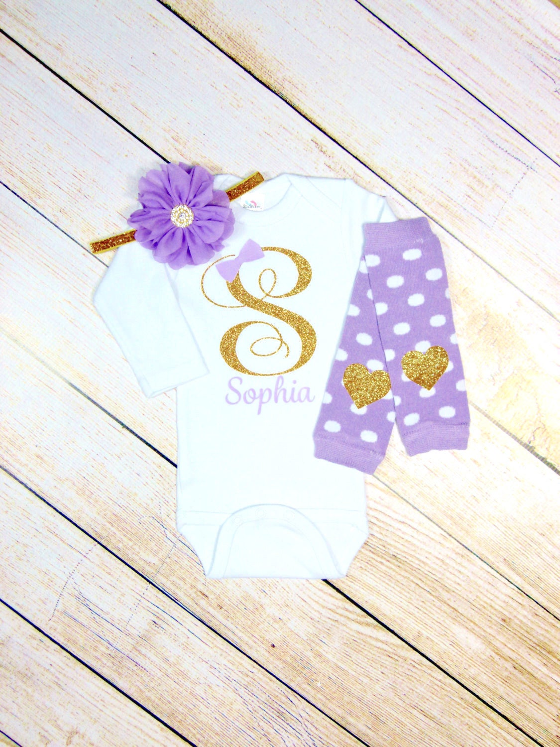 Personalized Baby Girl Gown: Lavender Floral Newborn Outfit & Headband