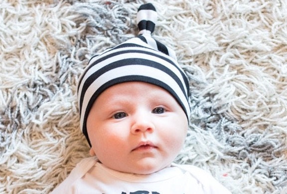 Newborn Boy Knotted Beanie Hat Black White Stripe