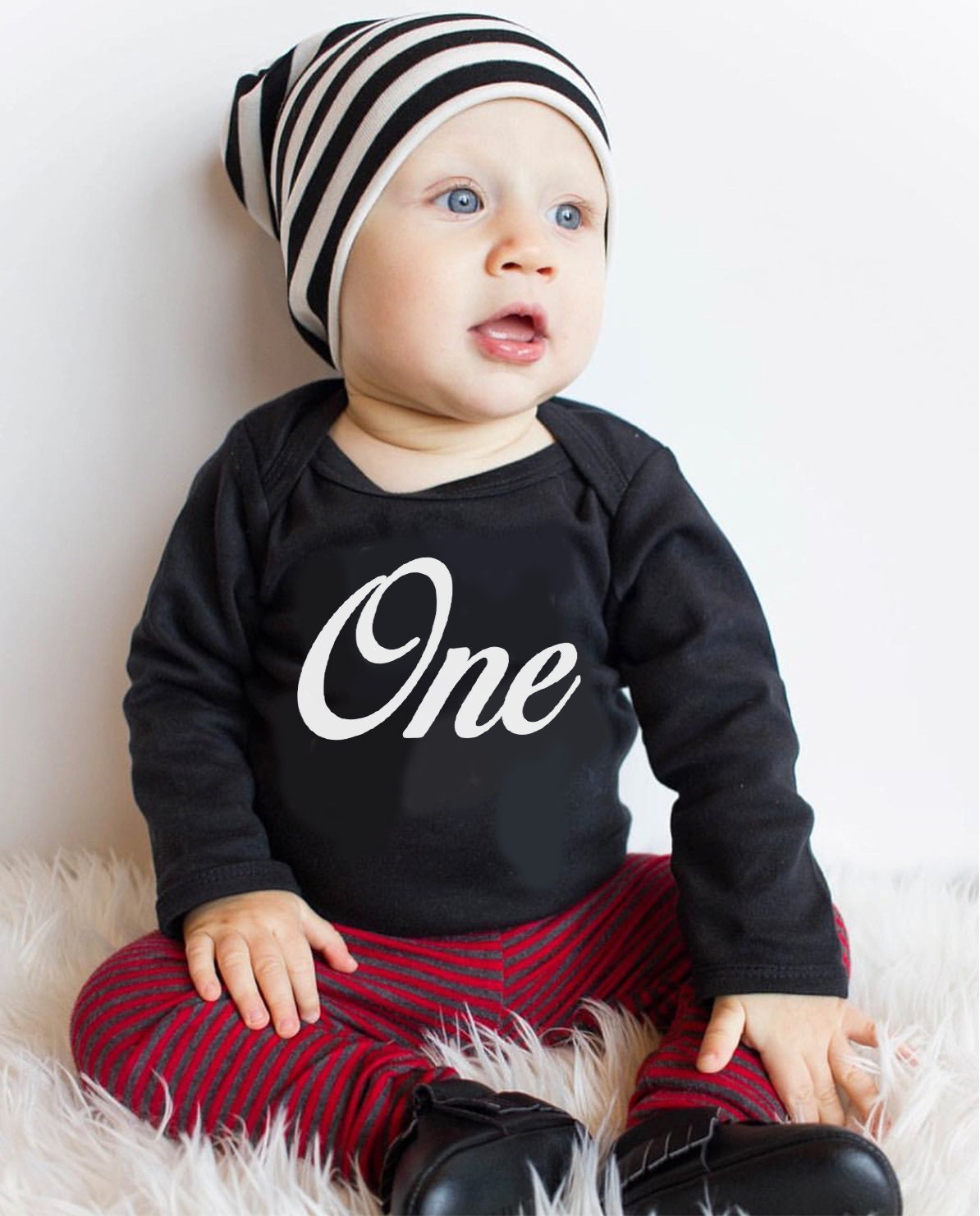 First Birthday Boy Outfit: "One" Bodysuit & Stripe Hat