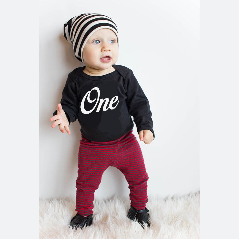 First Birthday Boy Outfit: "One" Bodysuit & Stripe Hat