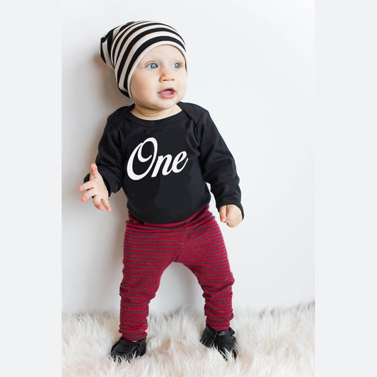 First Birthday Boy Outfit: "One" Bodysuit & Stripe Hat