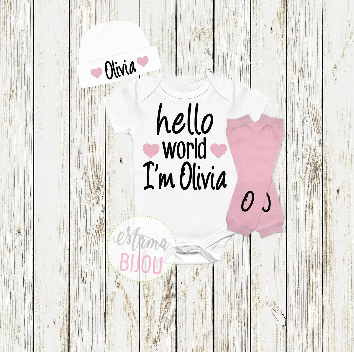 Personalized Baby Girl Coming Home Outfit: Hello World Bodysuit, Hat & Leg Warmers