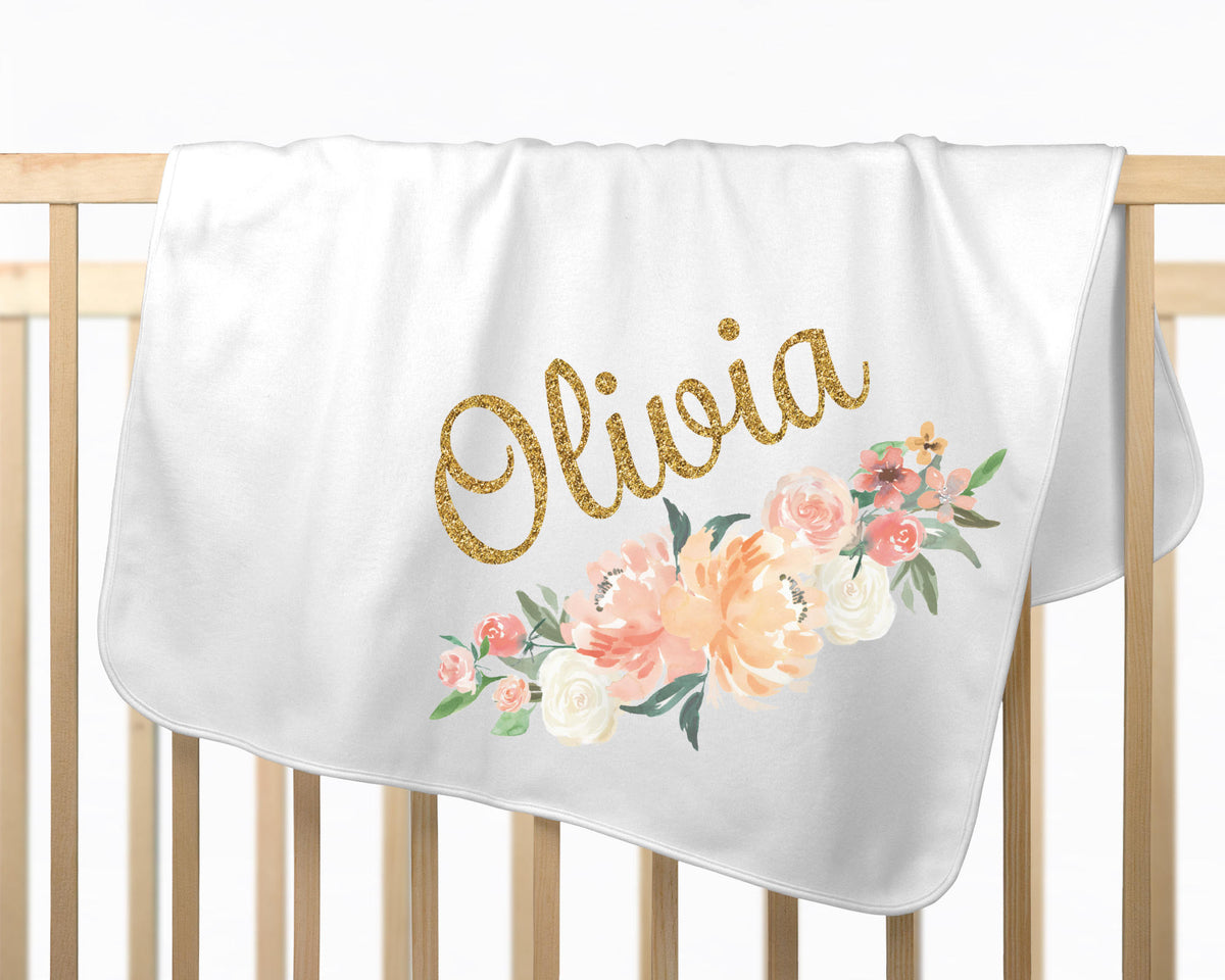 Personalized Baby Blanket: Peach Floral Swaddle, Headband Set