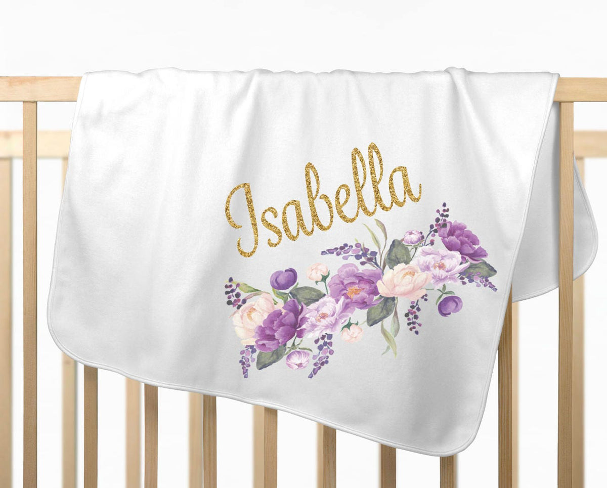 Personalized Newborn Swaddle Blanket: Purple Floral Baby Receiving Blanket