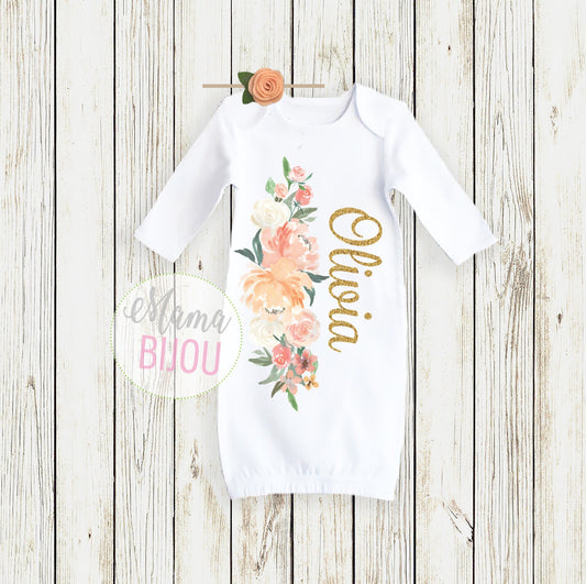 Personalized Newborn Gown Set: Peach Floral Baby Outfit with Headband