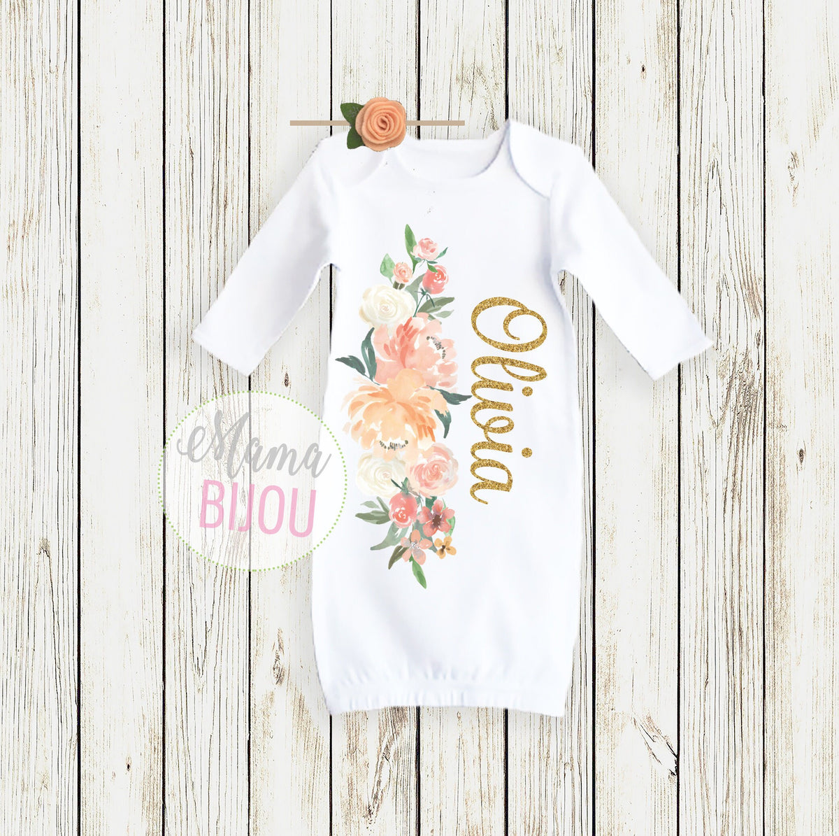 Personalized Baby Blanket: Peach Floral Swaddle, Headband Set